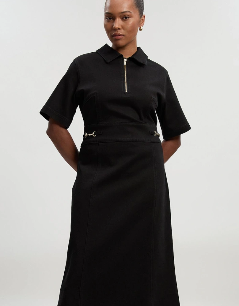 Plus Size Stretch Denim Snaffle Trim Collared Midi Dress