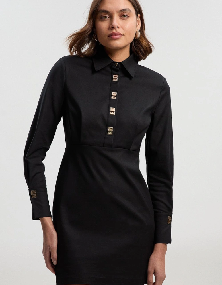 Techno Cotton Gold Clasp Detail Long Sleeve Woven Mini Dress