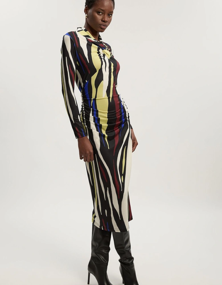 Abstract Zebra Print Ruched Detail High Neck Long Sleeve Crepe Midi Dress