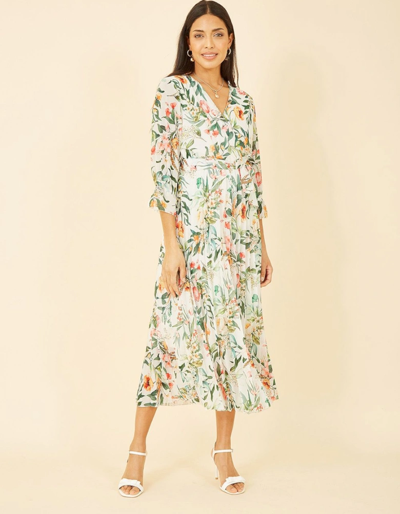 Ivory Floral Print Midi Wrap Dress With Pleated Skirt