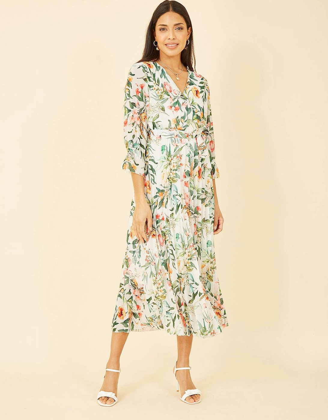 Ivory Floral Print Midi Wrap Dress With Pleated Skirt, 2 of 1