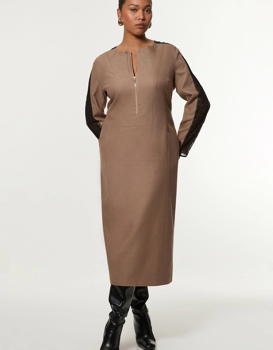 Plus Size Tailored Twill Lace Mix Zip Front Midi Dress, 2 of 1