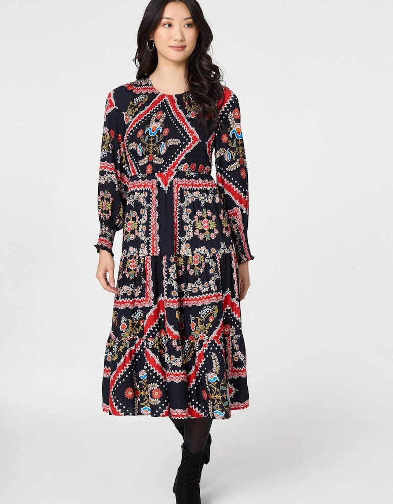 Printed Smocked Long Sleeve Midi Dress