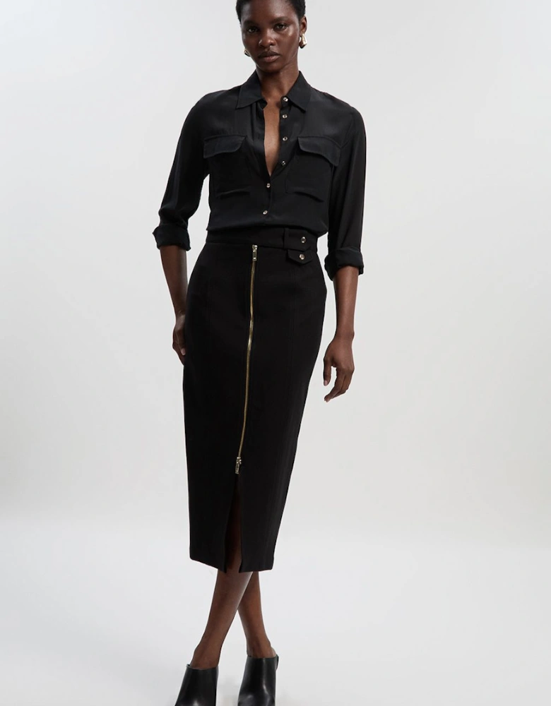 Ponte Front Zip Trim Detail Midi Skirt