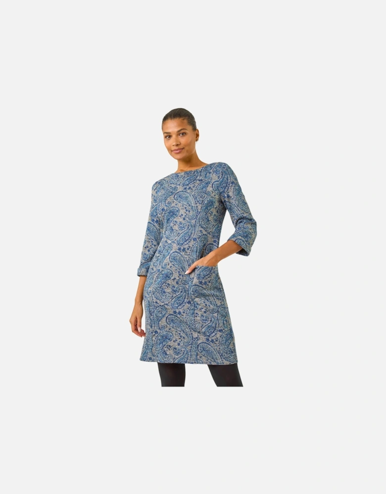 Paisley Print Pocket Shift Stretch Dress