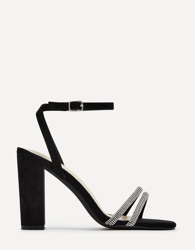 Imera Black Faux Suede Double Diamante Strap Block Heeled Sandal