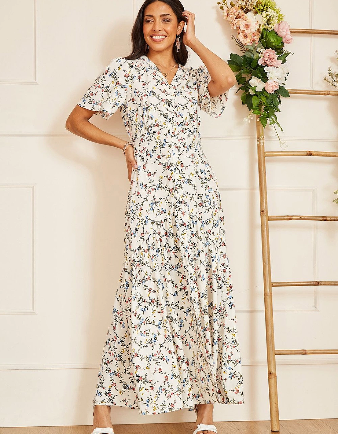 White Botanical Floral Button through Maxi Dress, 2 of 1