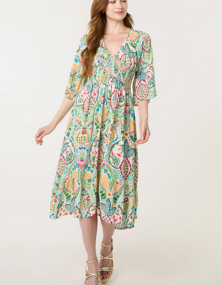 Multi V Neck Paisley Print Midi Dress
