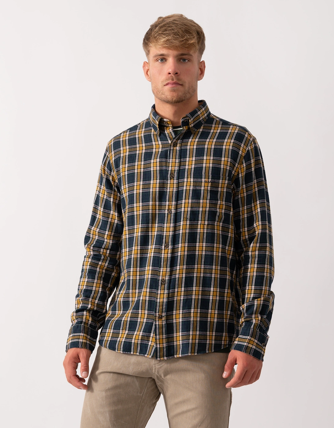 Gant Men's Navy Long Sleeve Windblown Flannel Small Check Shirt - 433 Evening Blue - Size: 42/Regular