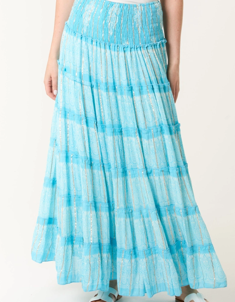 Aqua Foil Tiered Maxi Skirt