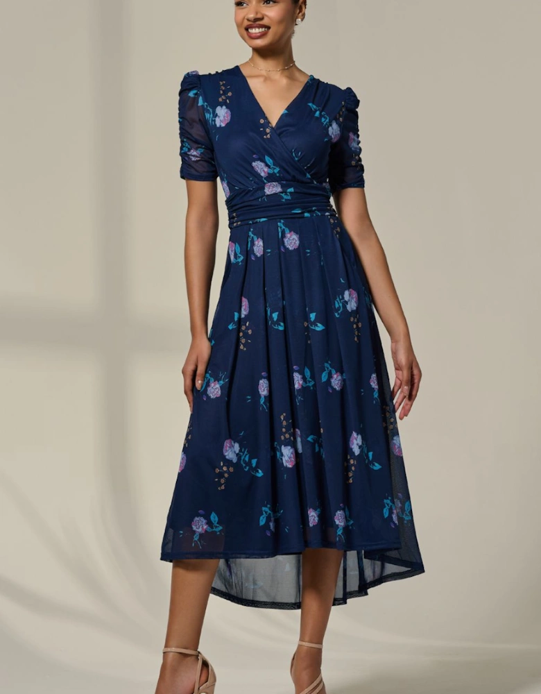 Petite Wrap Front Ruched Sleeve Midi Dress