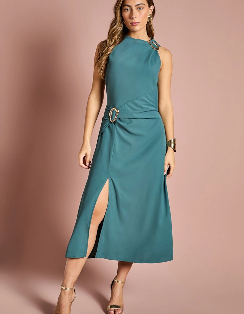 Stretch Crepe Midi Dress With Buckle