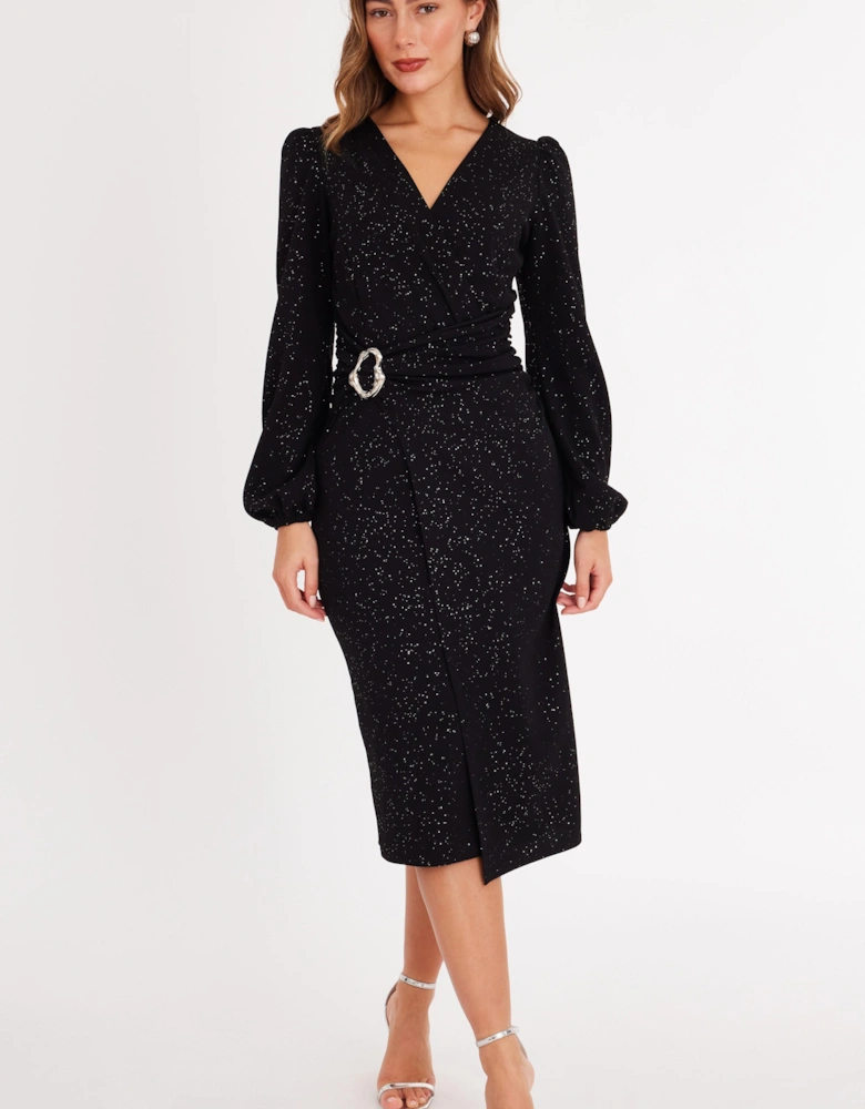 Black Glitter Wrap Midi Dress