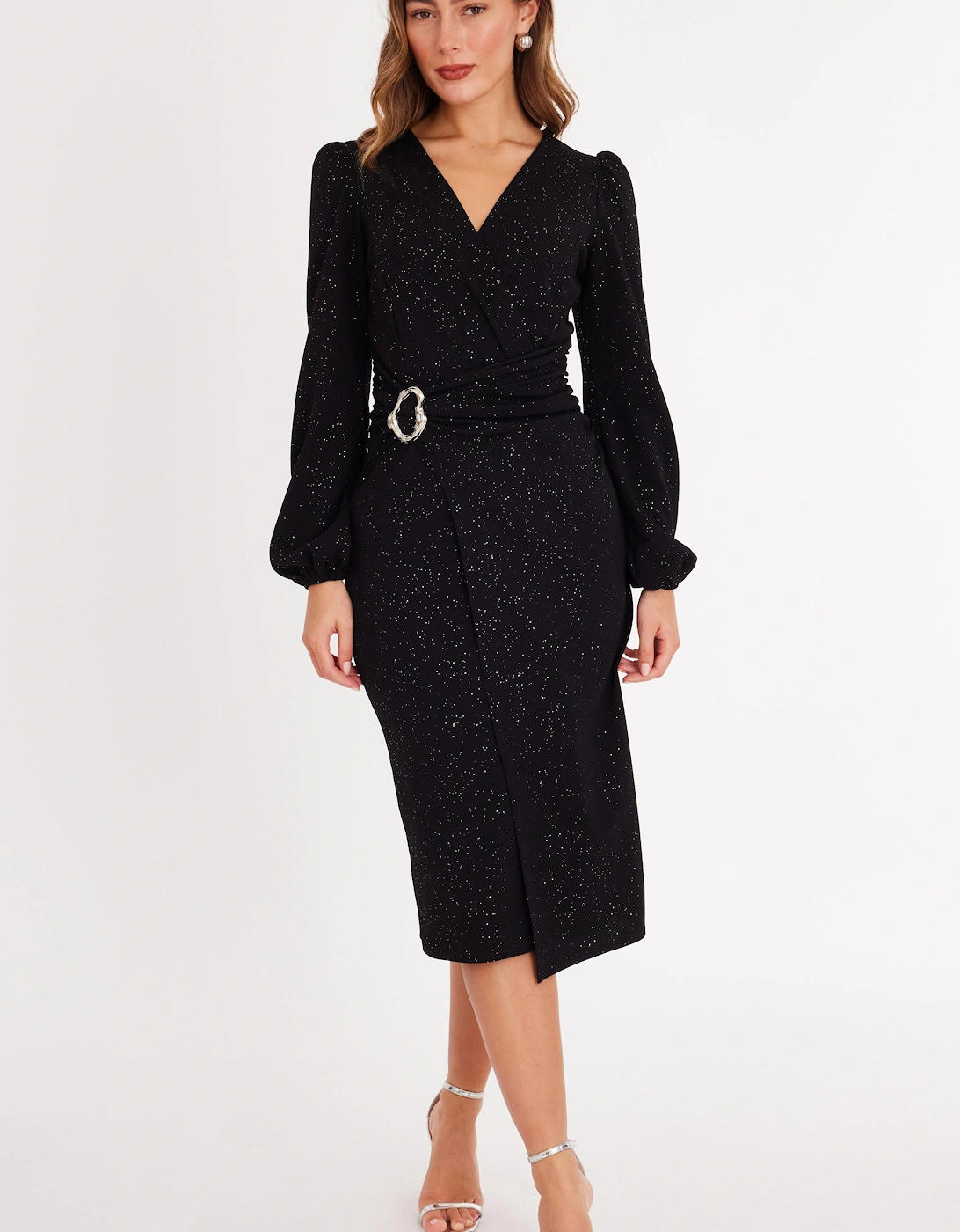 Black Glitter Wrap Midi Dress, 2 of 1