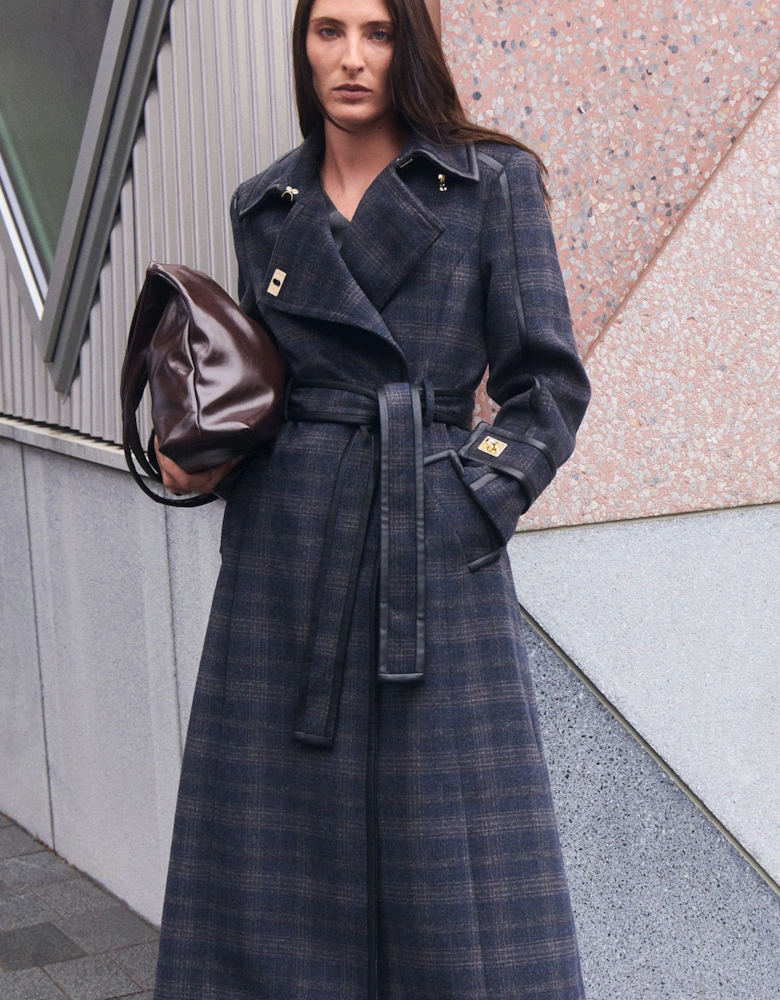 Brushed Wool Check & Pu Trim Belted Tailored Double Breasted Midi Coat