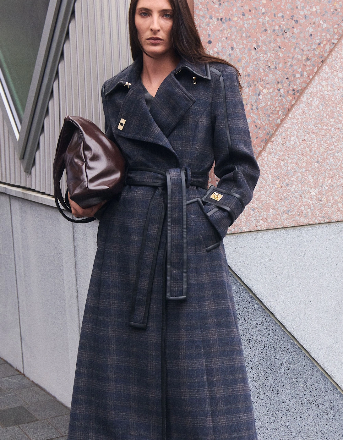 Brushed Wool Check & Pu Trim Belted Tailored Double Breasted Midi Coat, 2 of 1