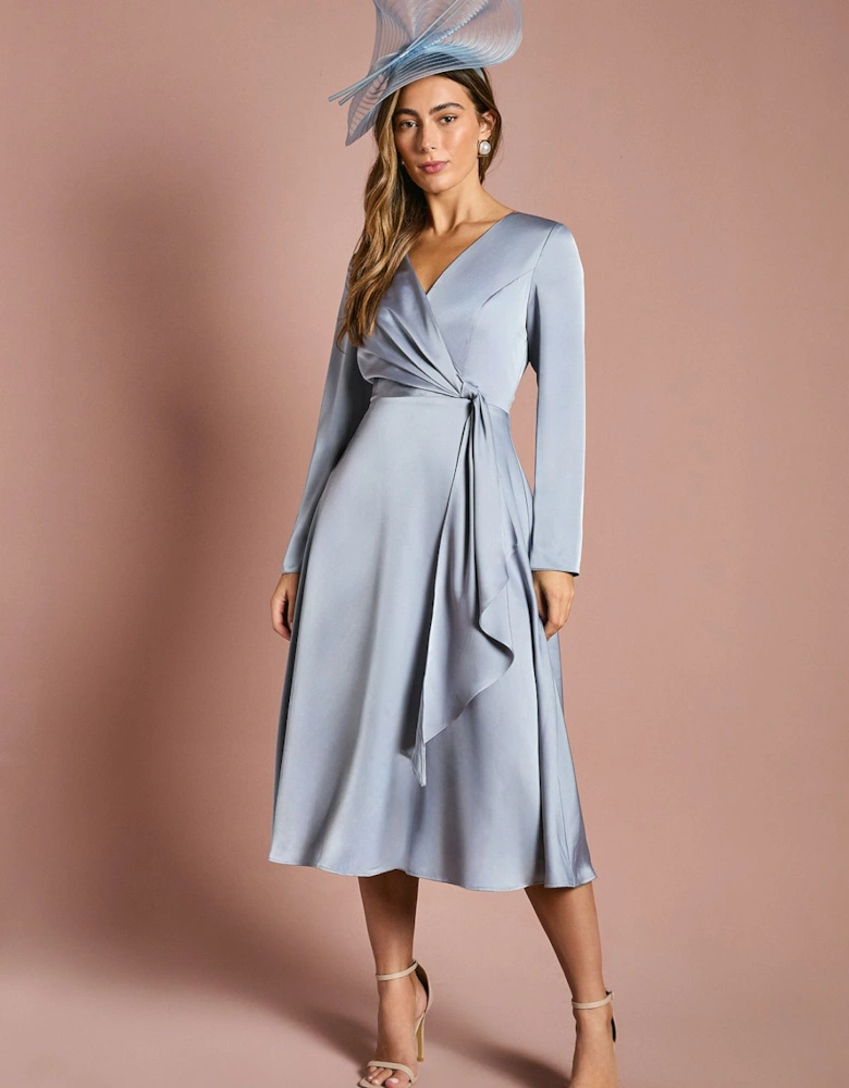 Long Sleeve Waterfall Satin Midi Dress