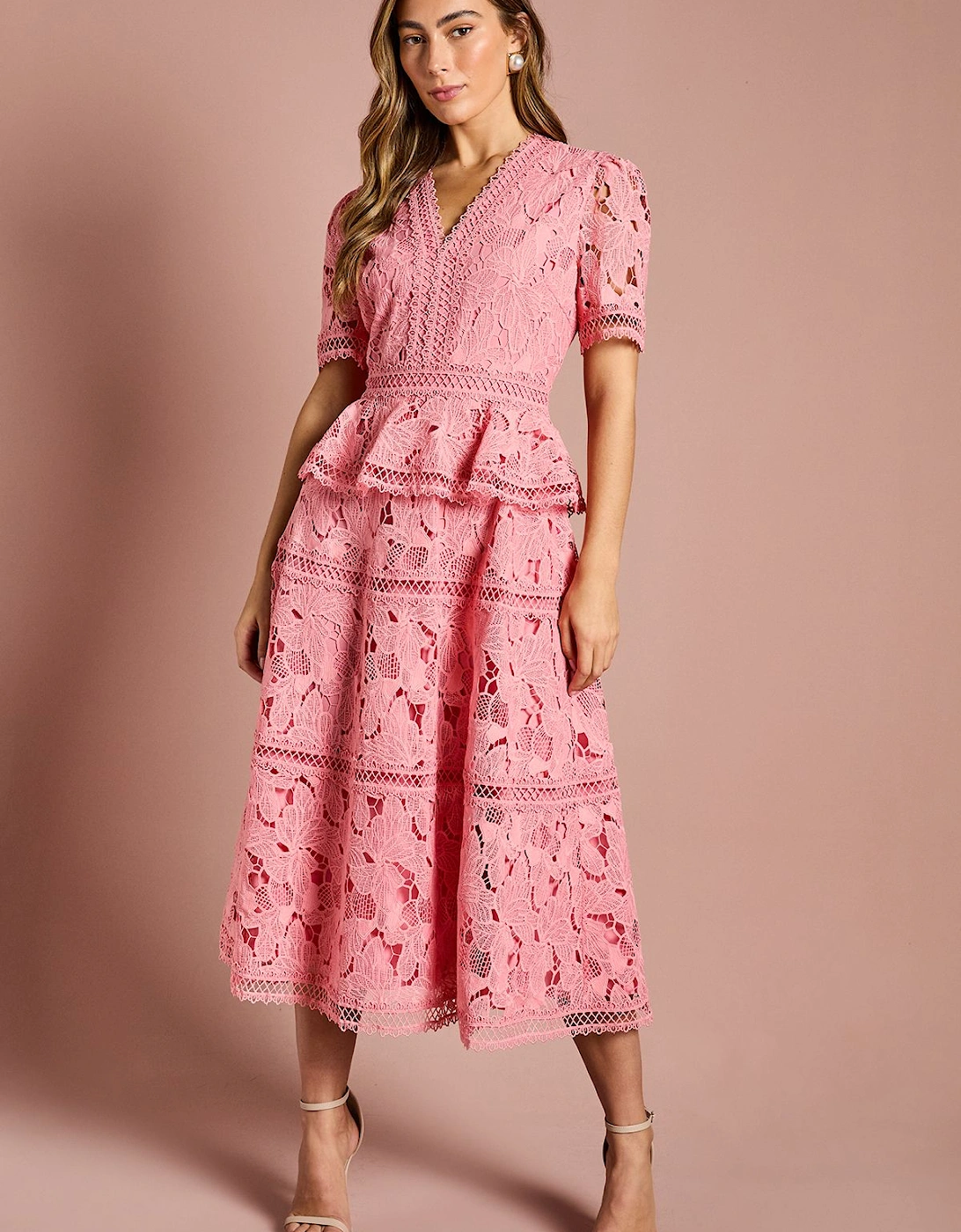 V Neck Peplum Tiered Lace Midi Dress, 2 of 1