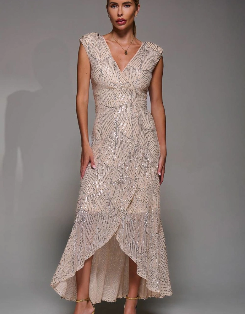 Sequin Asymmetric Ruffle Hem Maxi Dress