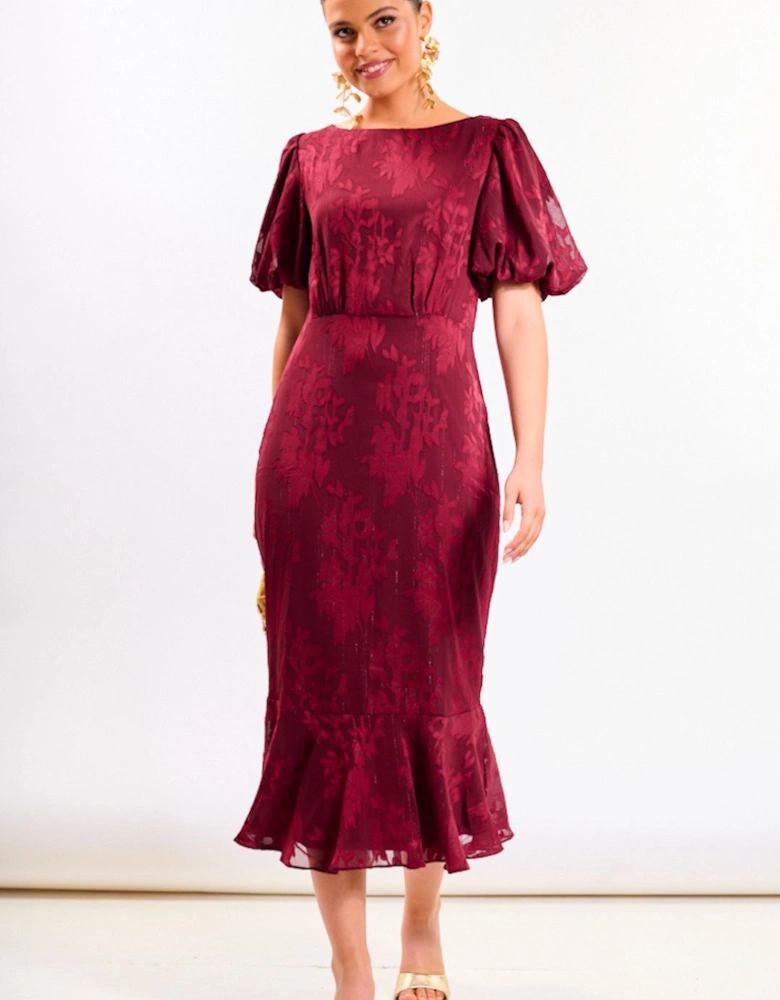 Burgundy Shimmer Puff Sleeve Midi Dress
