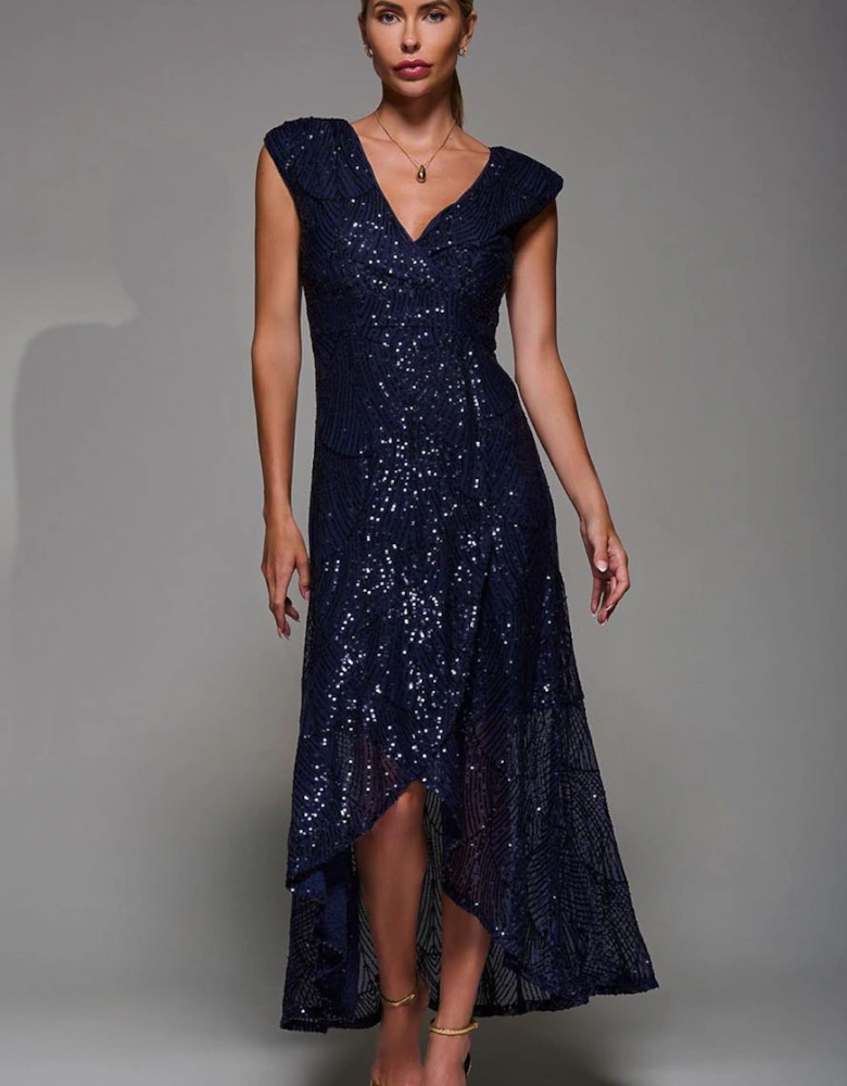 Sequin Asymmetric Ruffle Hem Maxi Dress