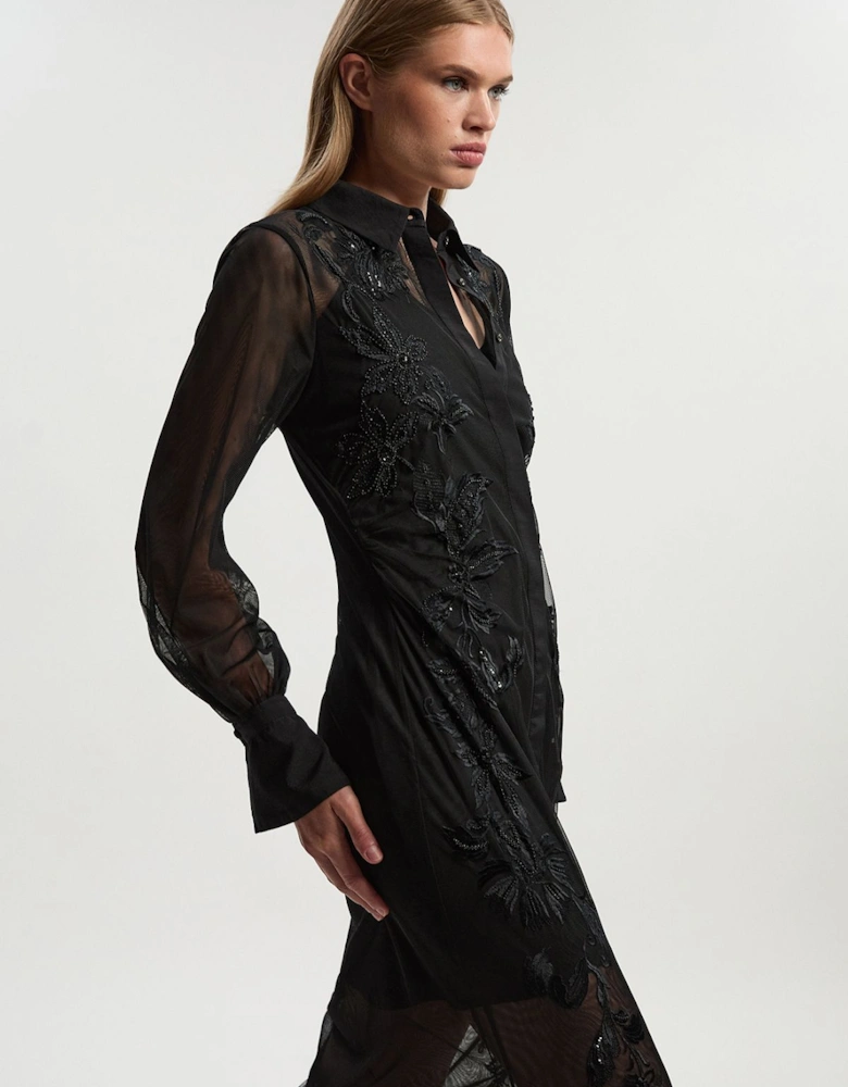 Archive Petite Mesh Embellished Embroidered Sheer Shirt Dress