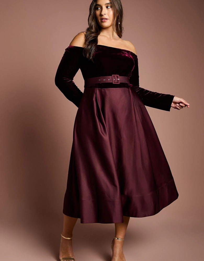 Plus Size Long Sleeve Bardot Full Skirted Midi Dress