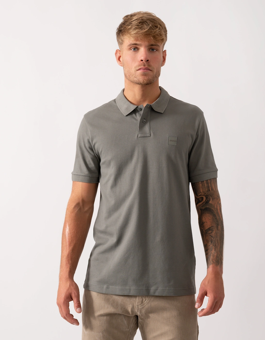 BOSS Orange Passenger Mens Stretch-Cotton Slim-Fit Polo Shirt with Logo Patch - Open Grey 076, 5 of 4