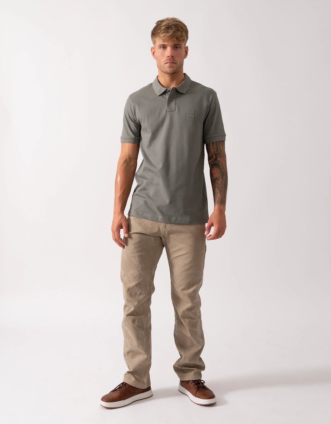 BOSS Orange Passenger Mens Stretch-Cotton Slim-Fit Polo Shirt with Logo Patch - Open Grey 076