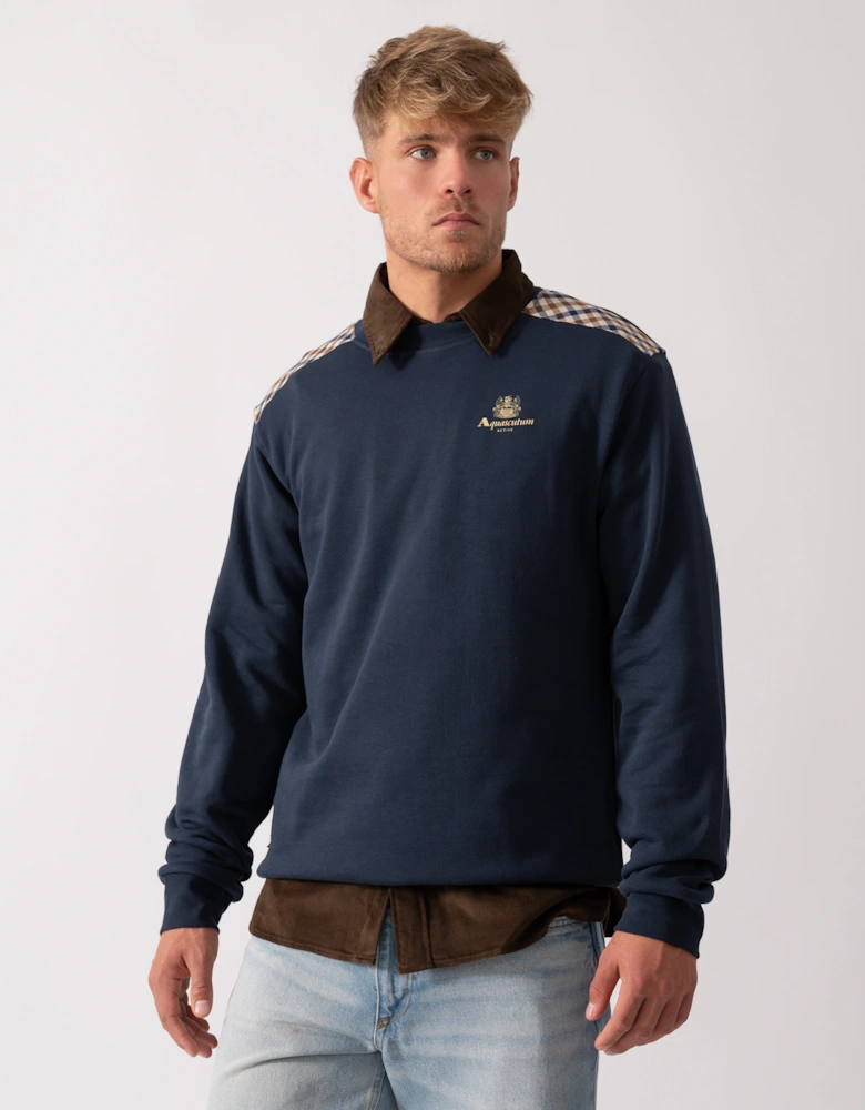 Mens Club Check Shoulder Crew Neck Fleece Sweatshirt - Navy 11