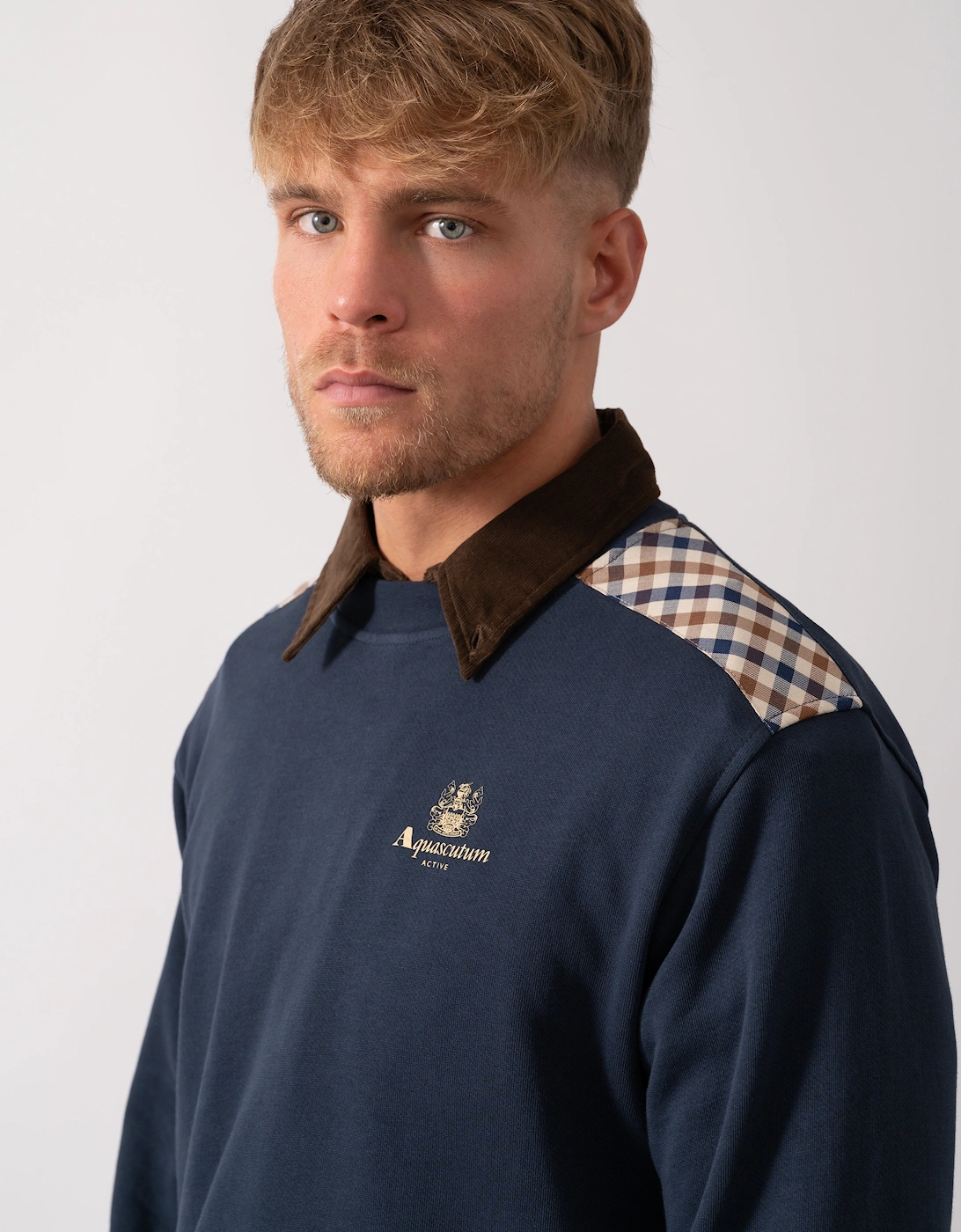 Mens Club Check Shoulder Crew Neck Fleece Sweatshirt - Navy 11