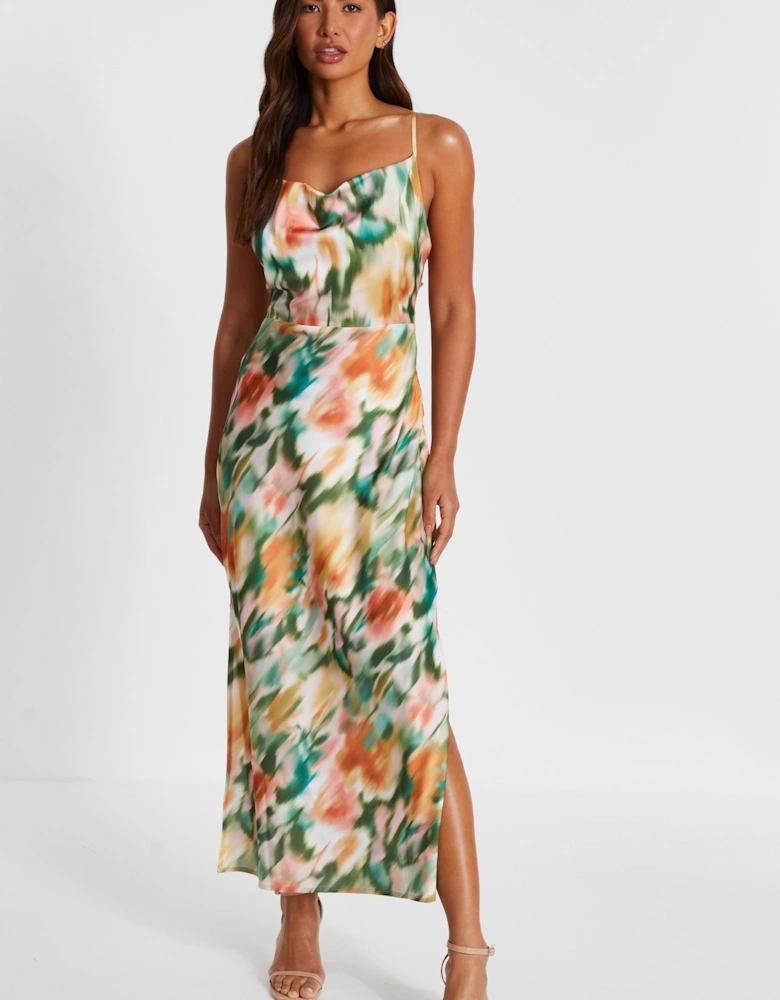 Multi Marble Print Satin Midaxi Dress