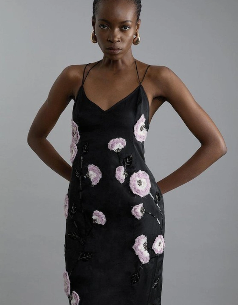 Organdie And Lace Applique Woven Strappy Maxi Dress