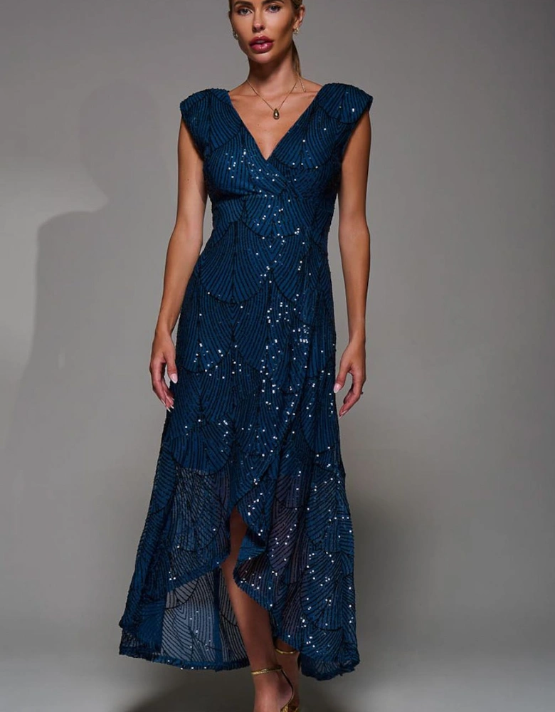 Sequin Asymmetric Ruffle Hem Maxi Dress