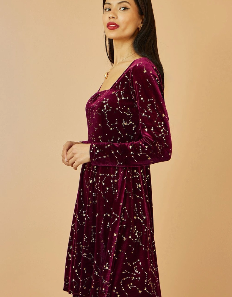 Burgundy Star Foil Print Long Sleeve Skater Dress