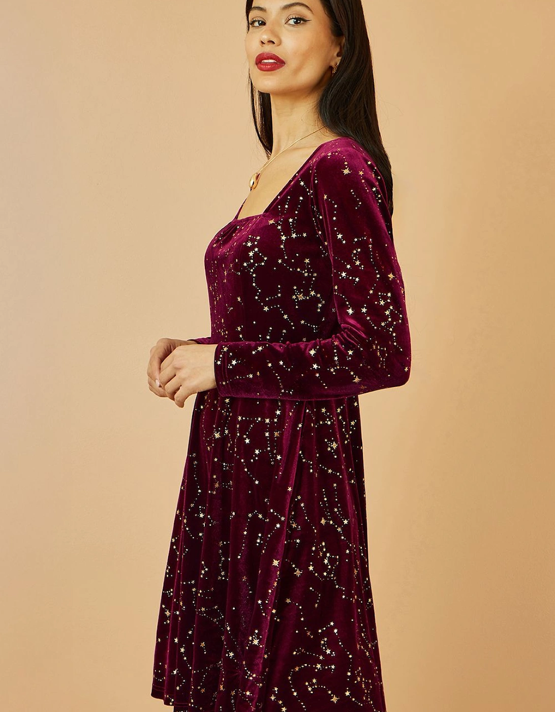 Burgundy Star Foil Print Long Sleeve Skater Dress, 2 of 1