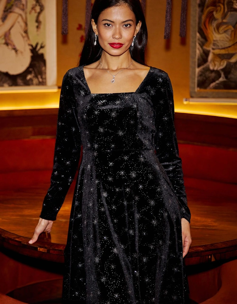 Black Starburst Foil Print Long Sleeve Skater Dress