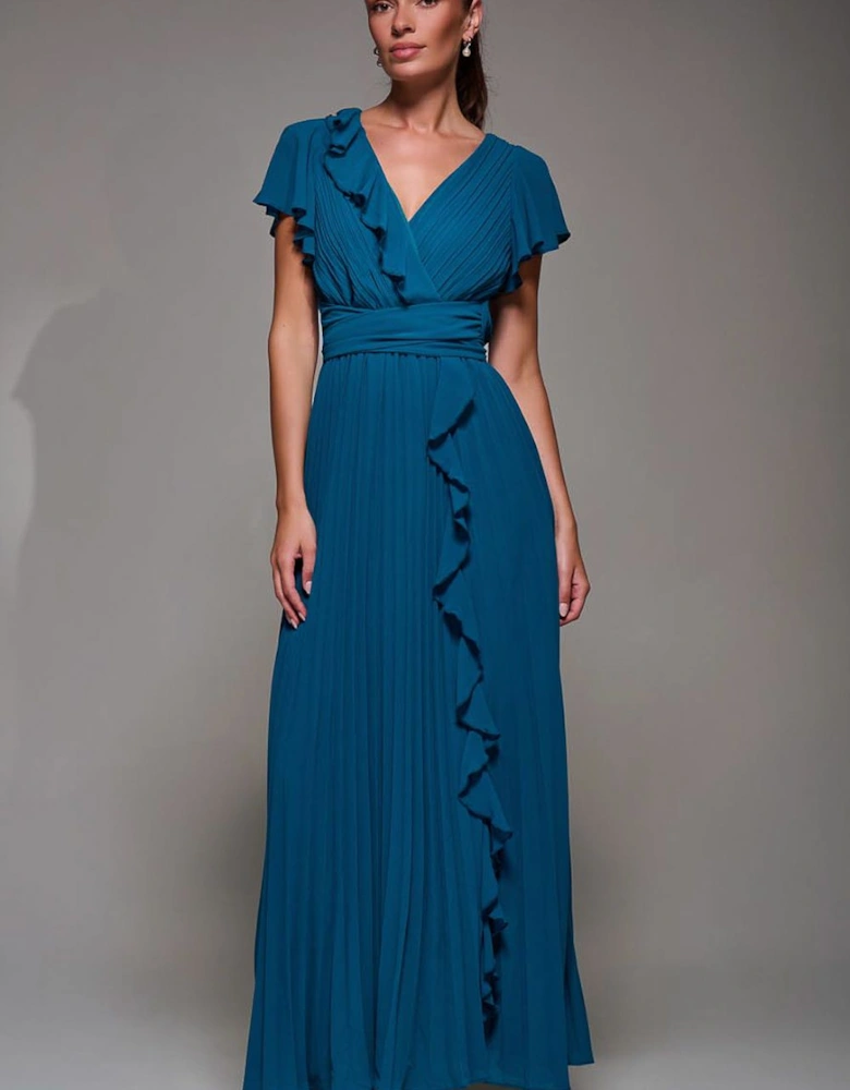 Pleated Frill Detail Chiffon Maxi Dress