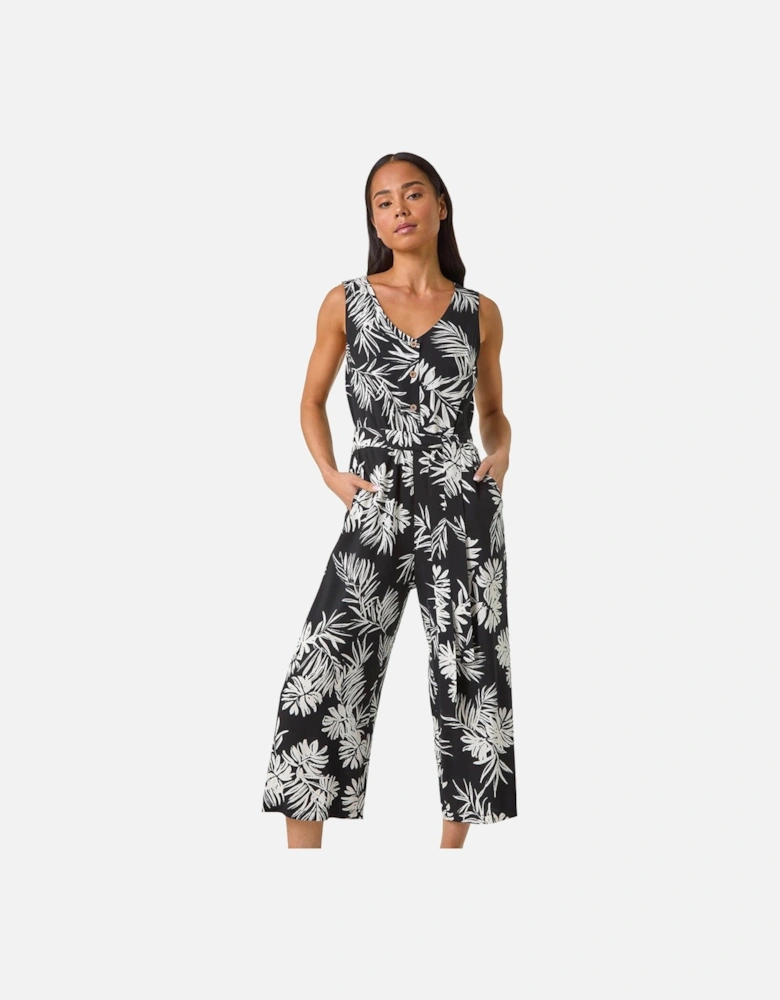 Petite Leaf Print Cropped Jumpsuit