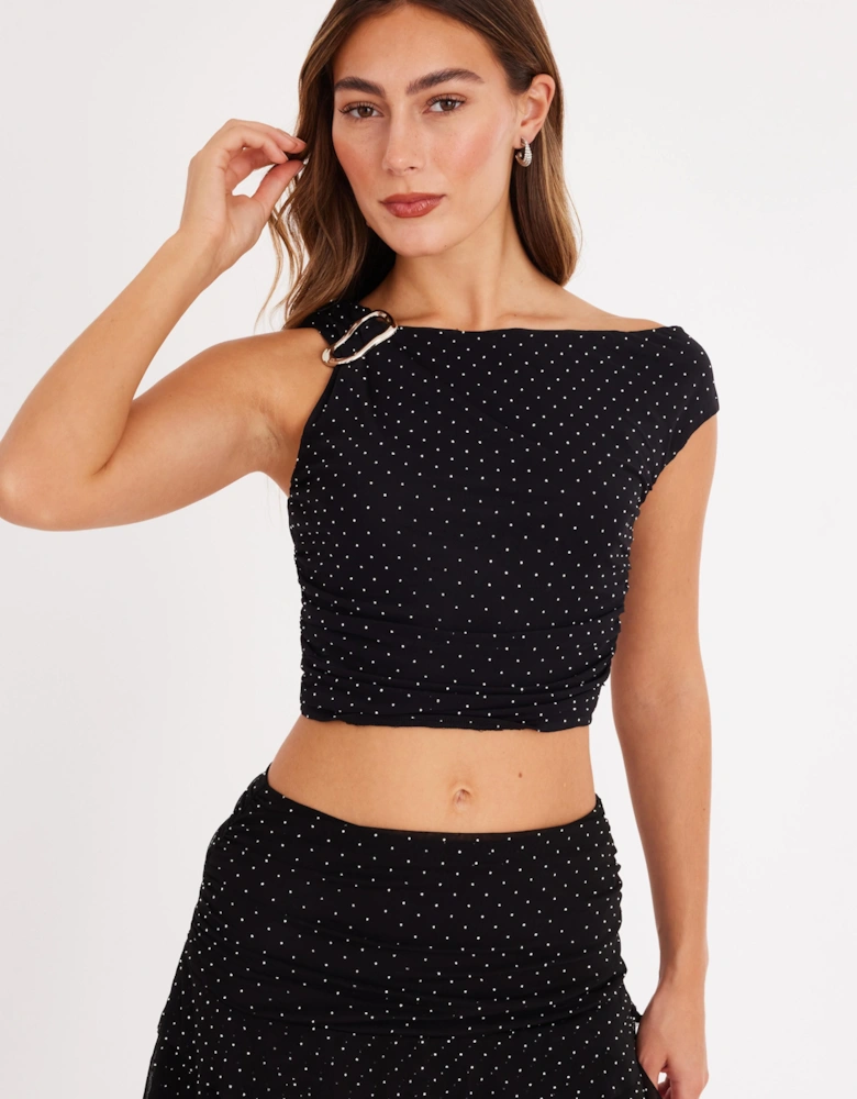 Black Diamante Embellished Frill Mini Skirt