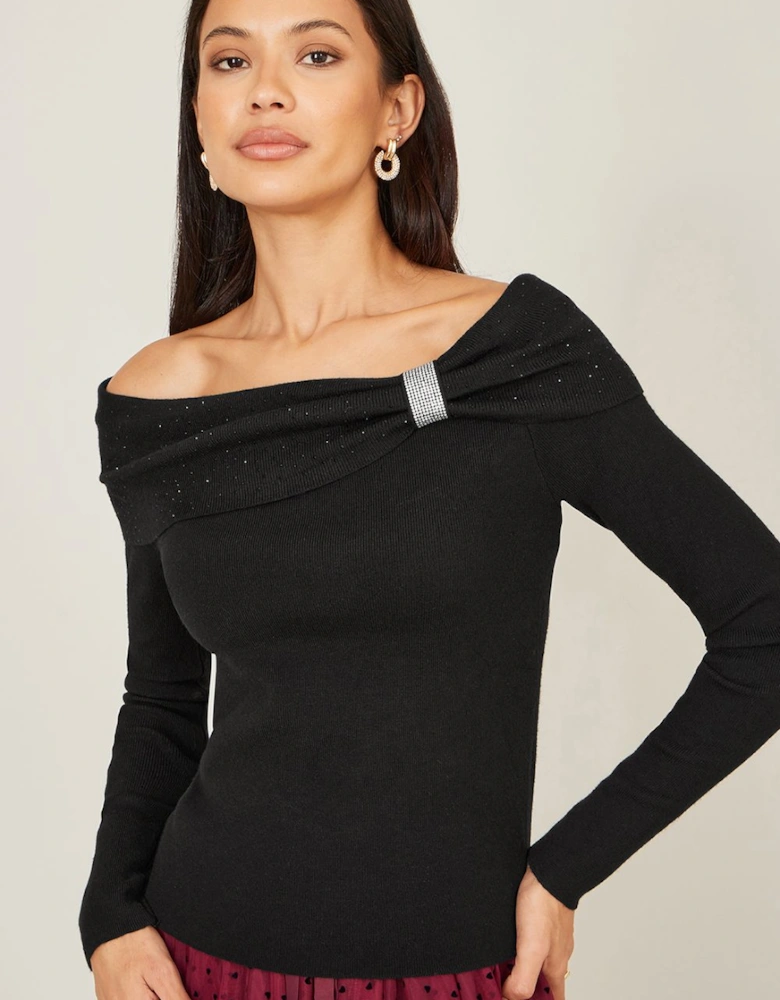Black Sparkle Bardot Jumper With Diamante Detail