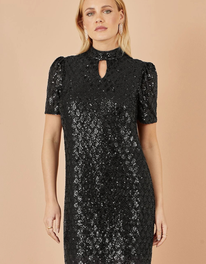 Black Sequin Tunic Dress with Pattern and a Keyhole Neckline