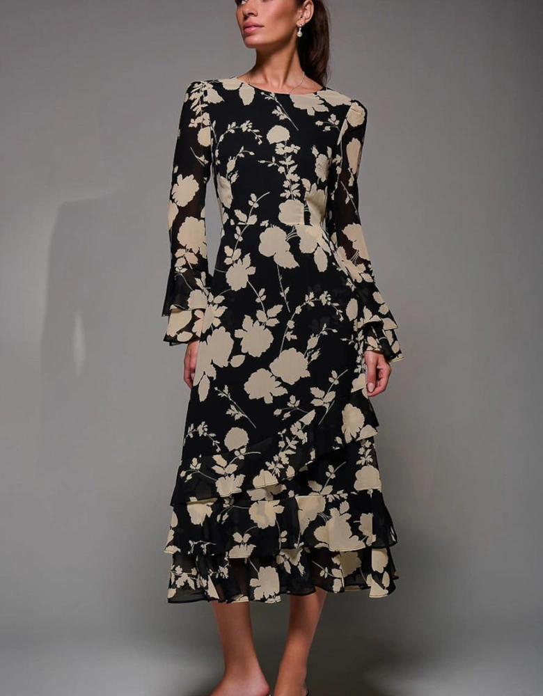 Long Sleeve Frill Chiffon Midaxi Dress