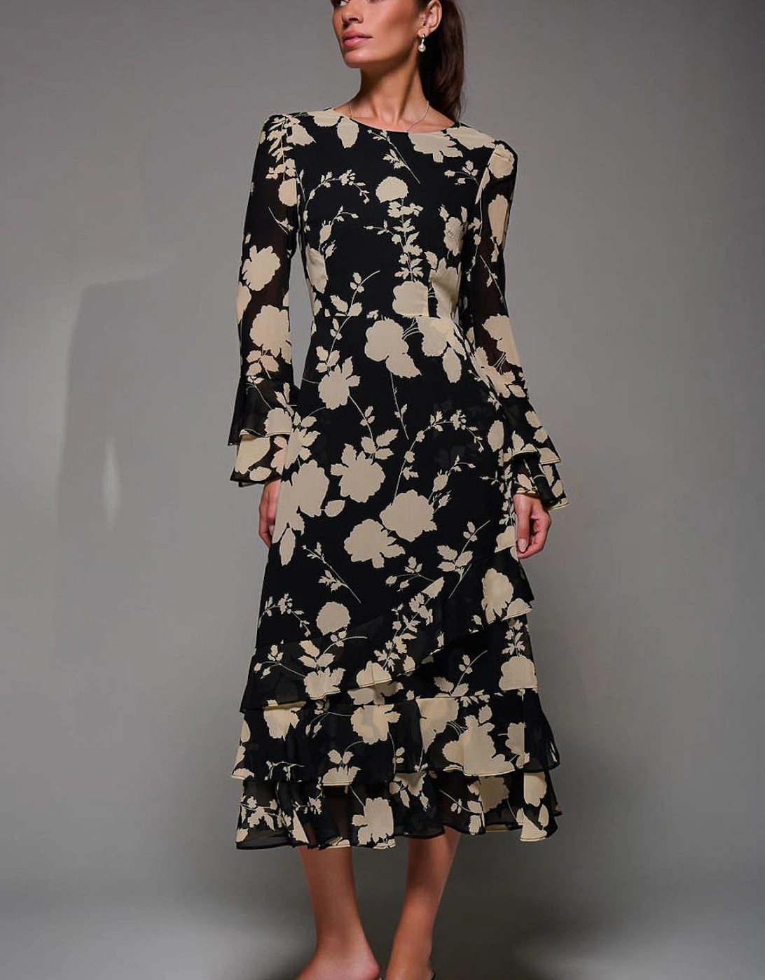 Long Sleeve Frill Chiffon Midaxi Dress, 2 of 1