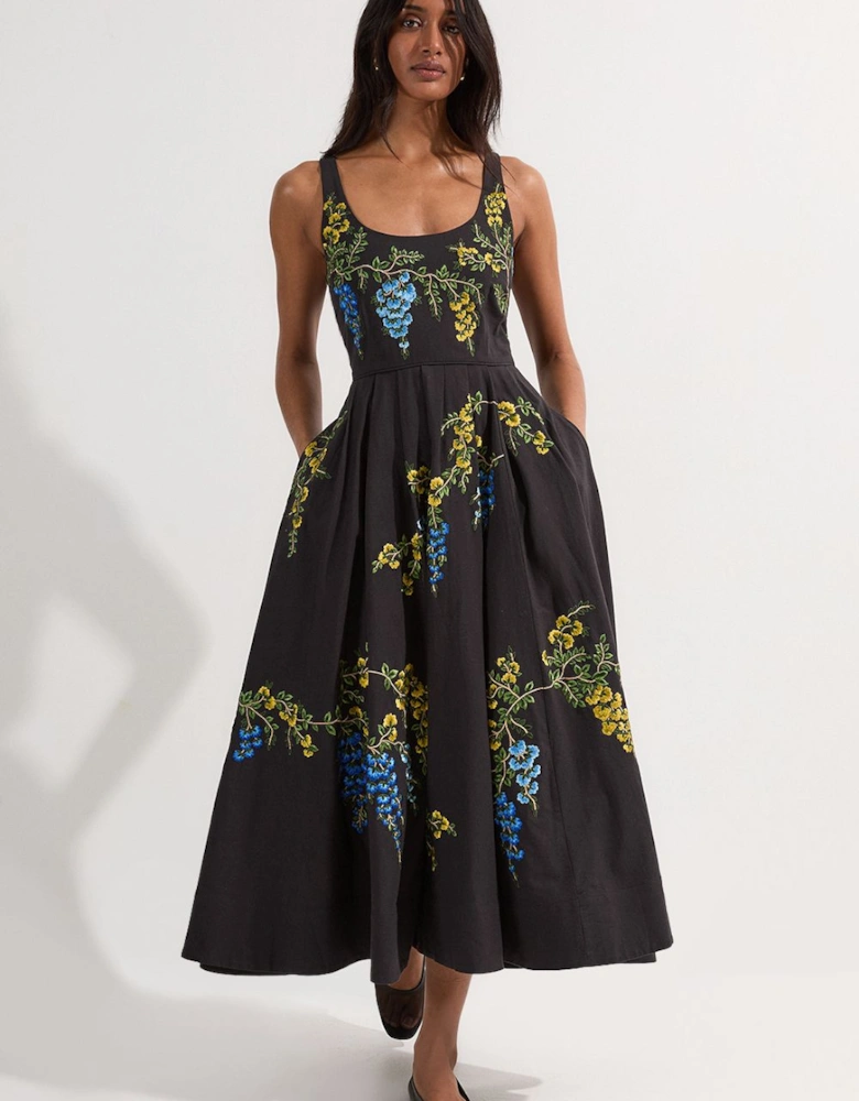 Petite Floral Embroidered Cotton Linen Woven Prom Dress
