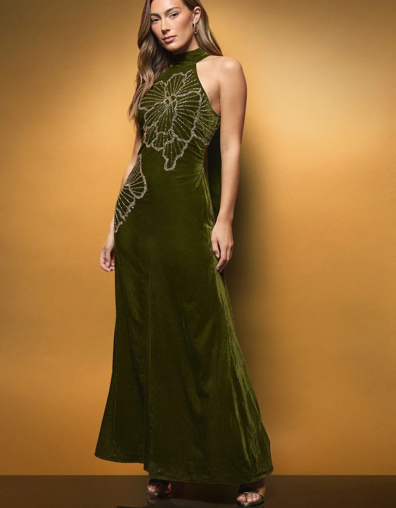 Velvet Halter Neck Embellished Floral Maxi Dress