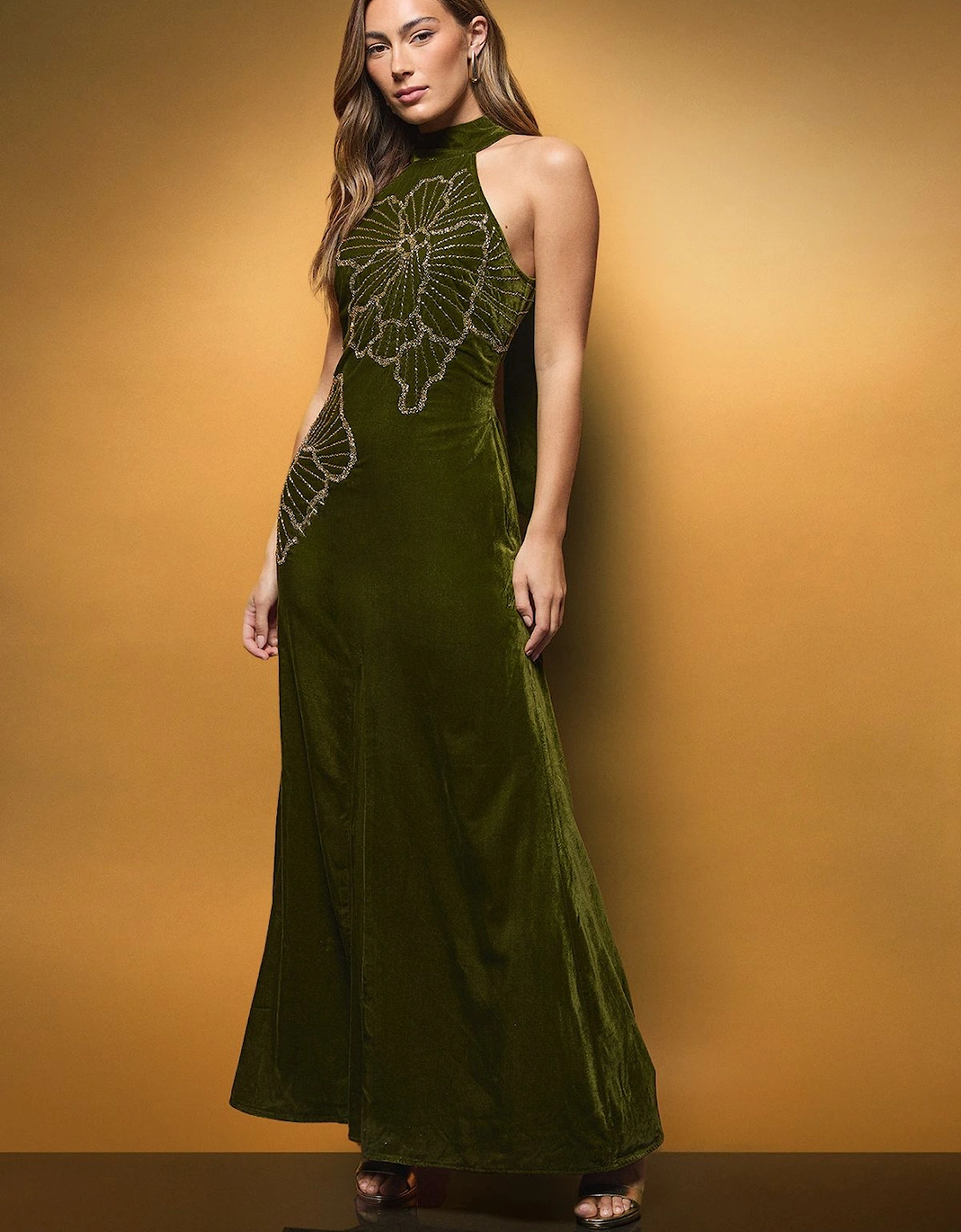 Velvet Halter Neck Embellished Floral Maxi Dress, 2 of 1