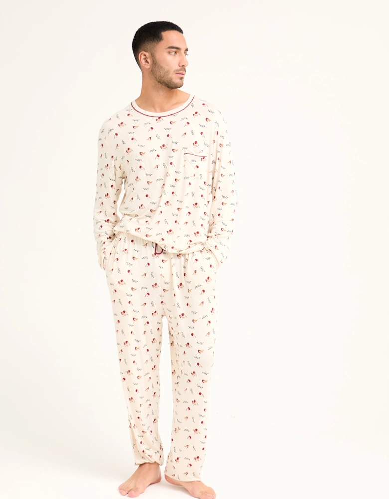 His and Hers Bamboo Festive Pyjama Set in Robin Print