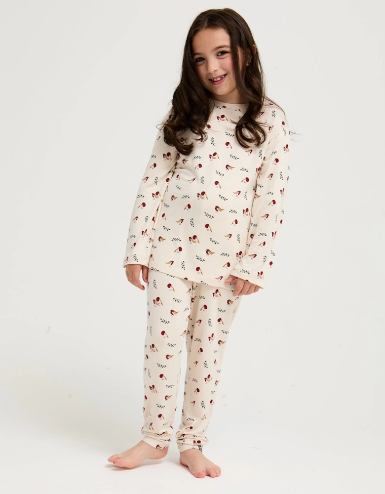 Little You Bamboo Festive Pyjama Set in Robin Print