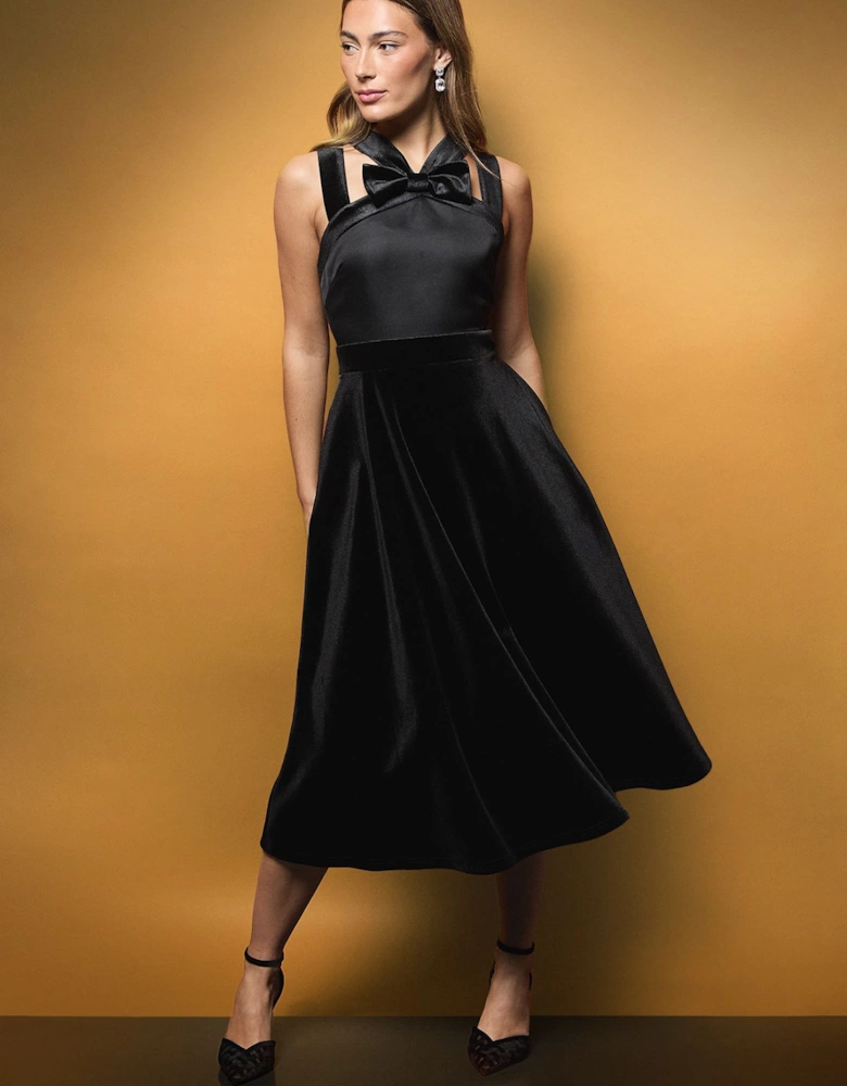 Cross Neck Bow Detail Structured Velvet Midi Dress
